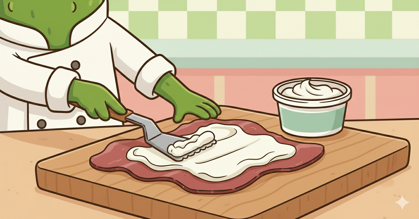 Cartoon hand spreading cream cheese on a slice of dried beef
