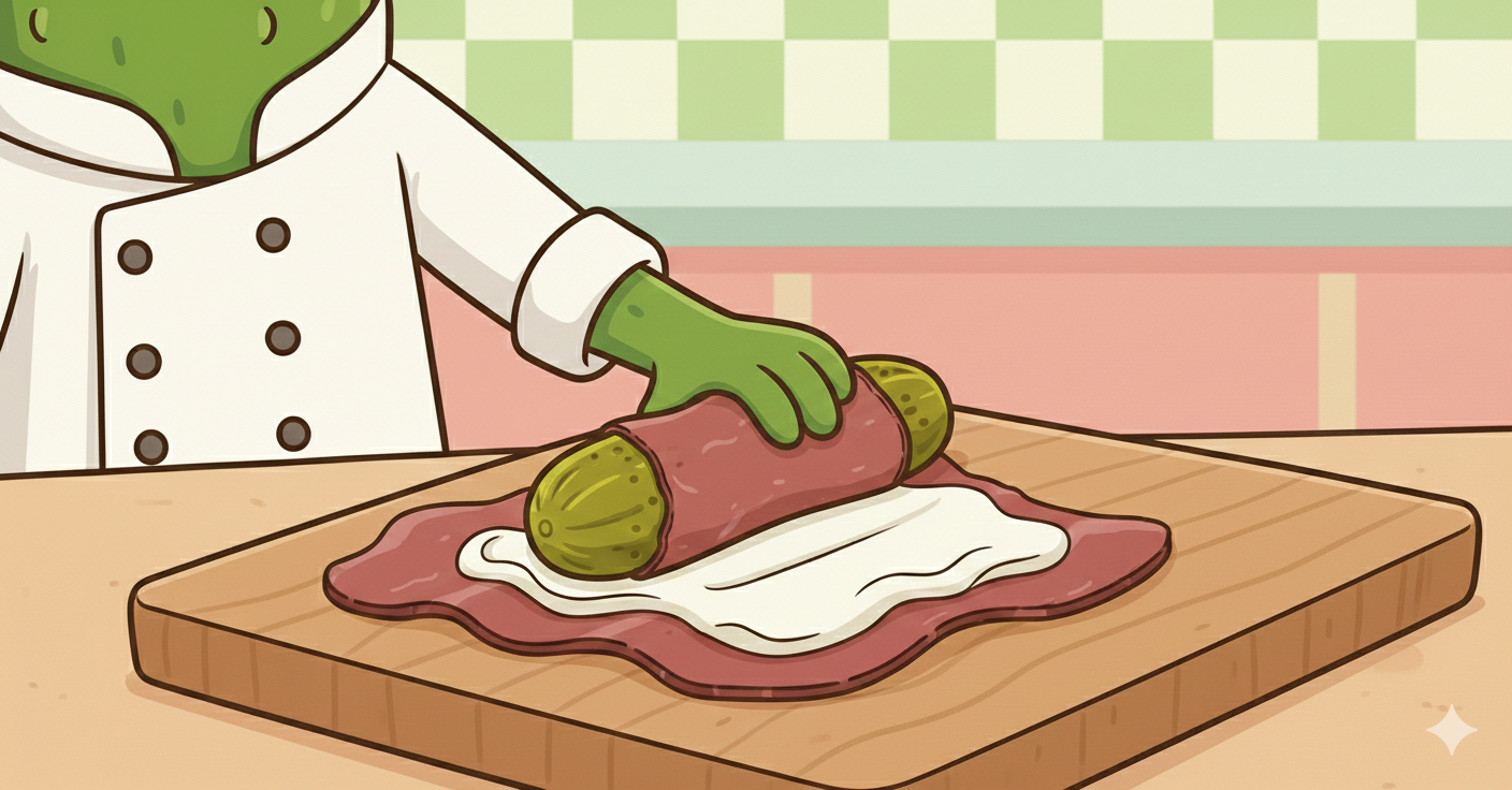 Cartoon hand rolling a pickle in a cream cheese covered dried beef slice