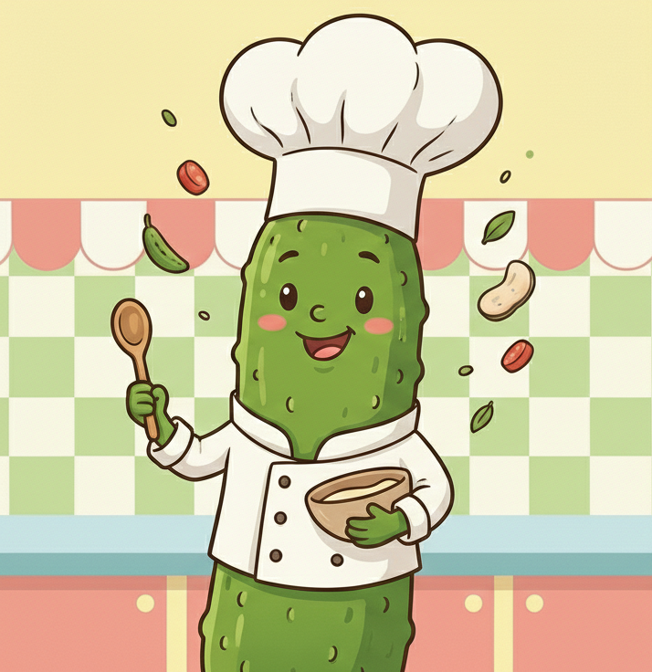 A whimsical cartoon pickle chef with a face and chef hat